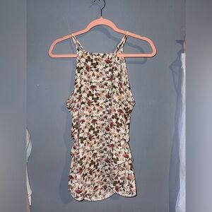 Floral Cream Halter Tank Top with Pink & Green Print
